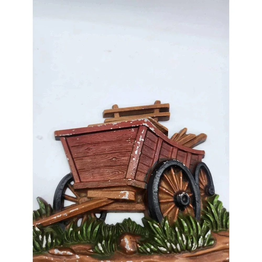 Vintage Homco Rustic Farm Wall Plaques Set of 3 Wagon Mailbox Axe Wood Stump